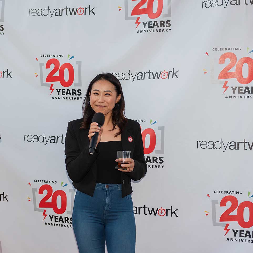 Emily Au - Cofounder of Ready Artwork giving speech at 20th Anniversary Event 